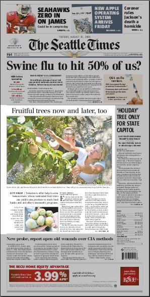 Nearly half the front page is devoted to the Risses' plum tree. From the Seattle Times front page PDF.