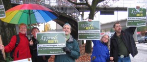 Eric Spivack sent us this photo of supporters of Approve Referendum 71 waving signs down at MLK and Rainier on the 24th. Thanks Eric!