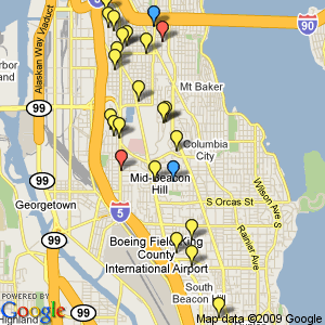 Recent scanner items from BHNW.org. Blue: casing activity; yellow: burglaries, thefts, and alarms; red: gunshots reported.