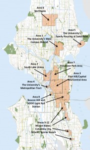 This map shows the 12 neighborhoods in the planned Gigabit Seattle demonstration project, including part of North Beacon Hill. Click to see a larger copy of the map.